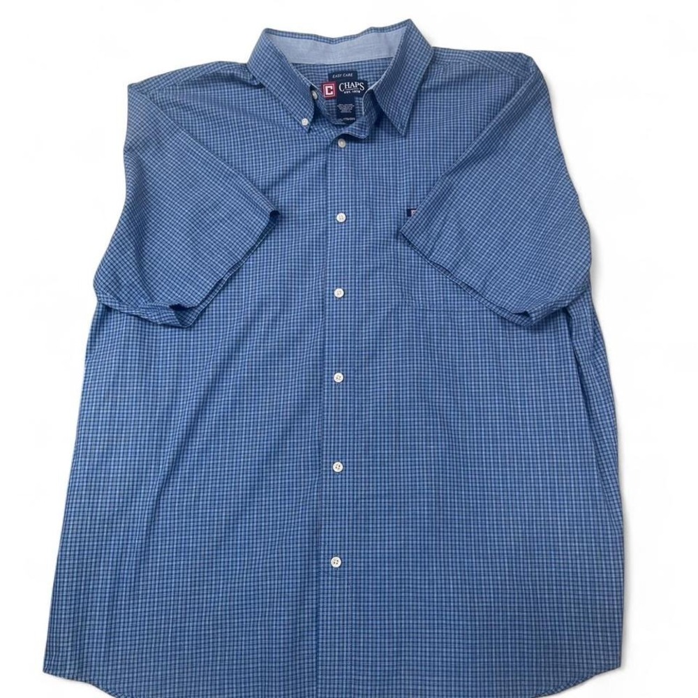 Chaps‎ Mens XXL Blue Micro Check Short Sleeve Easy Care Button Down Shirt